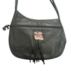 Erda Black Leather Shoulder Bag Fringe Stone Detail‎ Festival Boho Western
